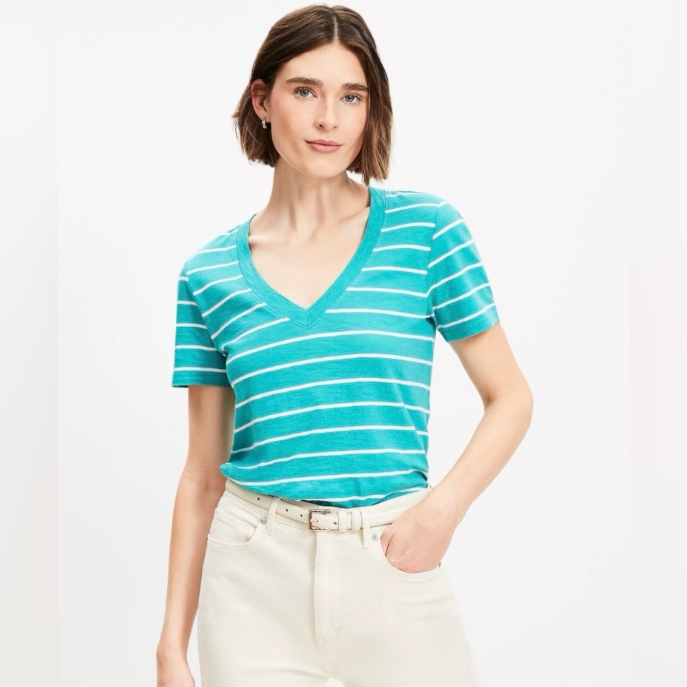 LOFT Women’s Teal and White Striped V-Neck Tee size L